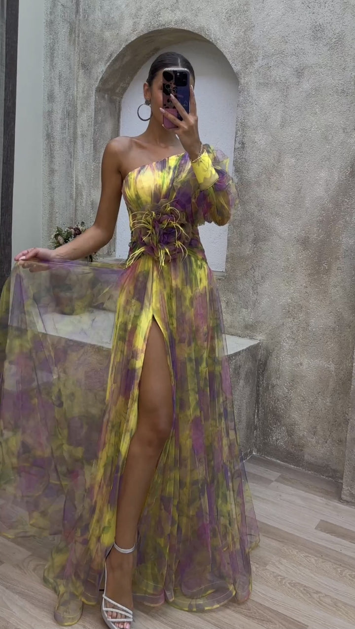 Women's evening dress with asymmetric design and floral accents Lune London