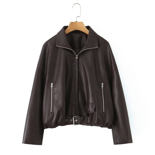Cropped faux leather jacket for women with striking high collar and practical zip pockets Amarae