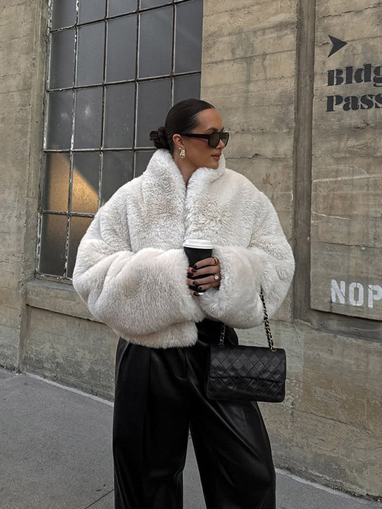 Women's Short Cozy Faux-Fur Bomber Jacket with Voluminous Shawl Collar and Boxy Silhouette Amarae