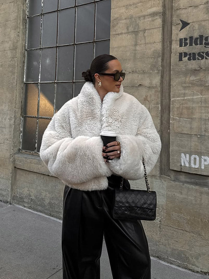 Women's Short Cozy Faux-Fur Bomber Jacket with Voluminous Shawl Collar and Boxy Silhouette Amarae
