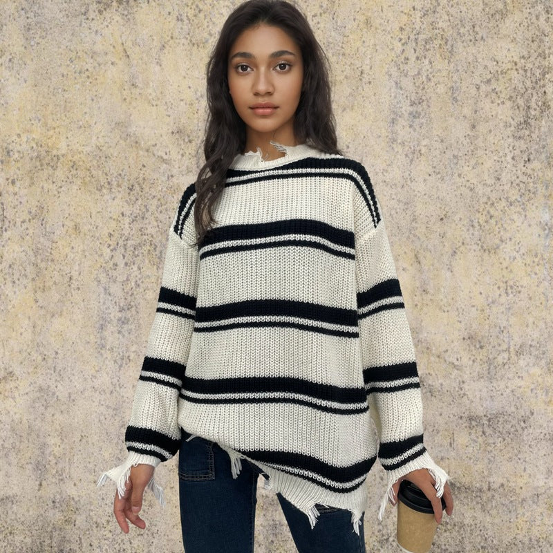 Casual striped sweater for women with frayed details Lune London