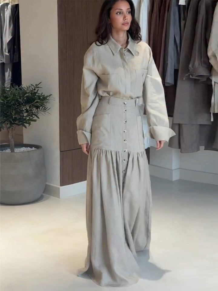 Women Two-Piece Oversized Shirt and Maxi Skirt Set with High Waist & Continuous Button Placket Amarae