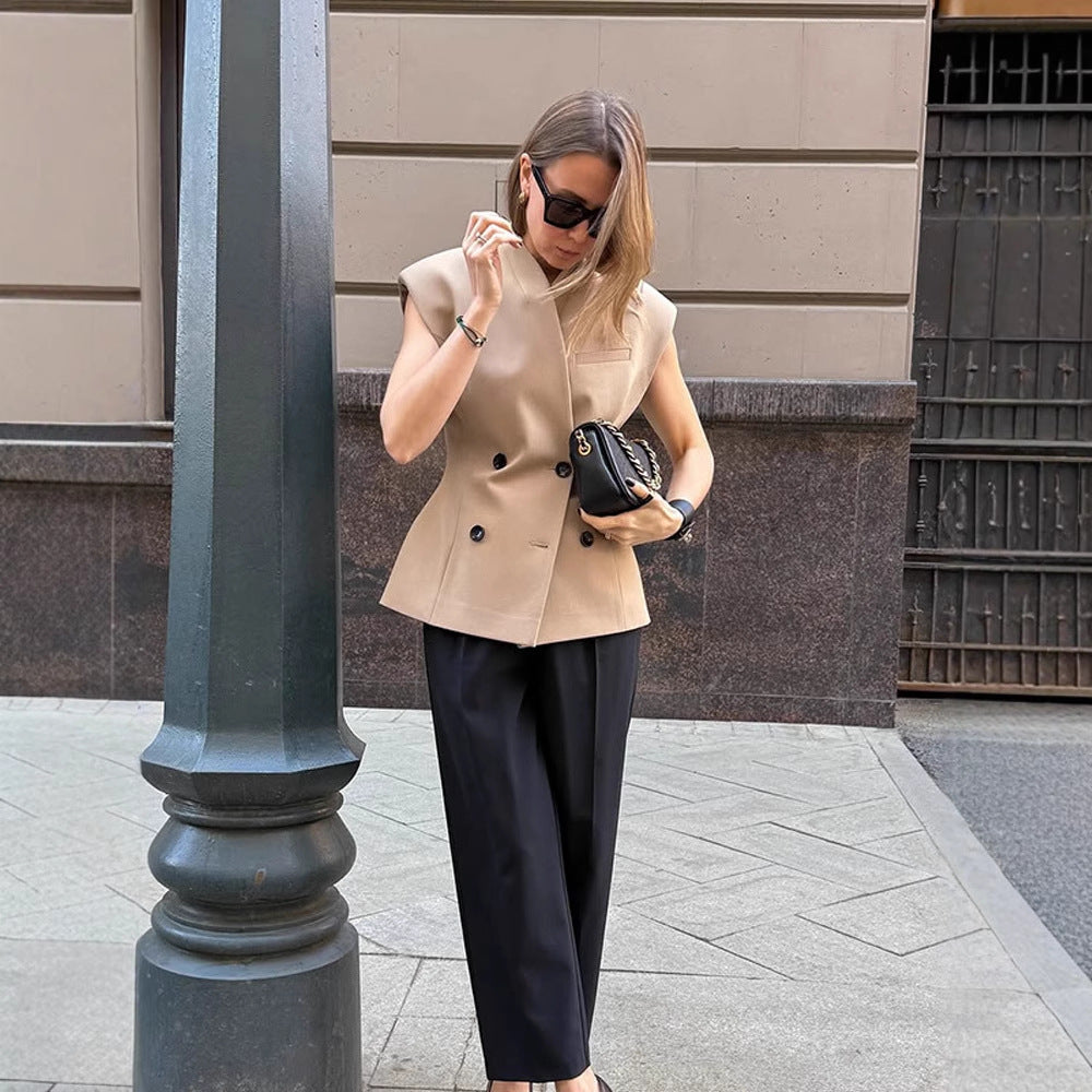 Women's sleeveless tailored blazer vest with double button placket & structured shoulder part Amarae