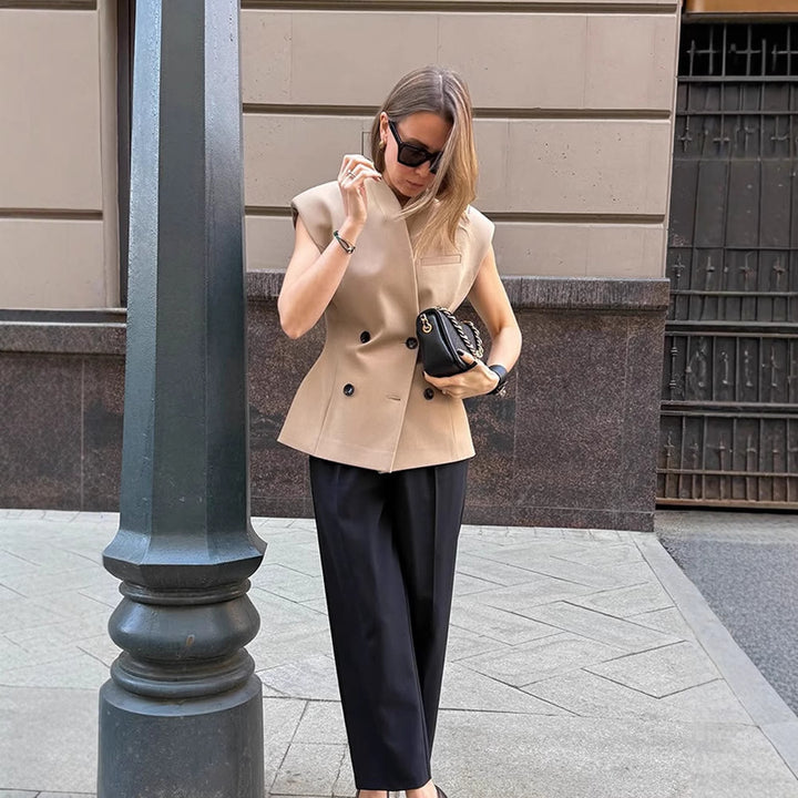Women's sleeveless tailored blazer vest with double button placket & structured shoulder part Amarae