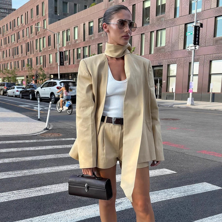 Women's Two-Piece Blazer Set with Long Shawl Collar and High-Waisted Shorts Amarae