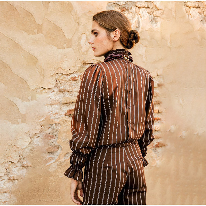 Striped suit set for women with voluminous sleeves and gathered details Lune London
