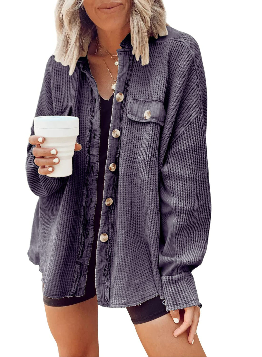 Ladies oversized waffle structure shirt jacket Amarae