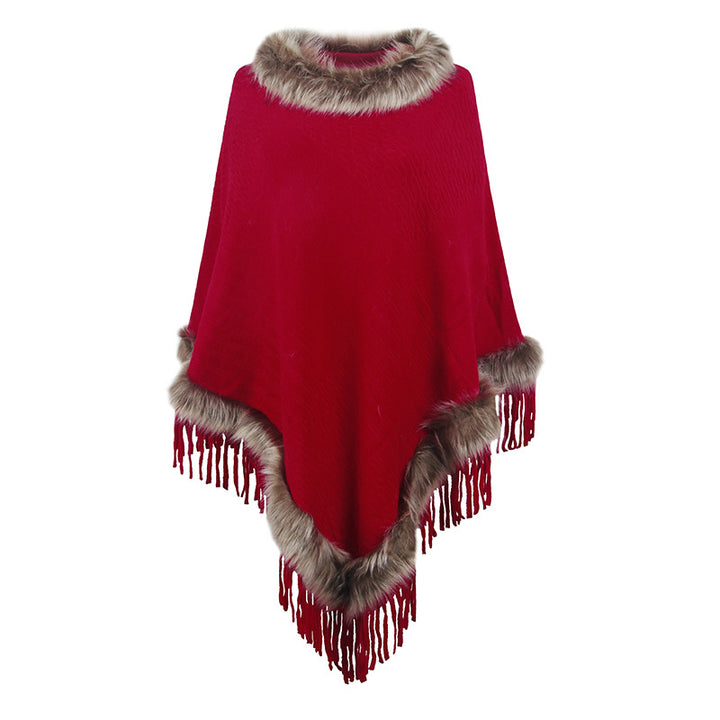 Ladies elegant poncho with luxurious faux fur collar and decadent fringes Lune London
