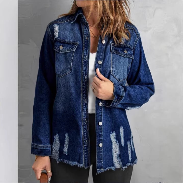 Women Oversized Denim Shirt Jacket with Distressed Details and Fringed Hem Amarae