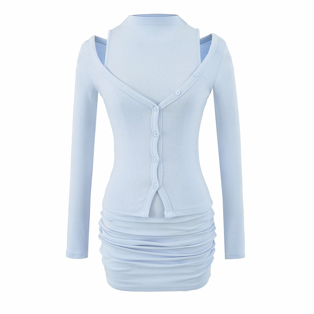 Ladies two-piece knit set with integrated high neck vest and asymmetric button cardigan Amarae