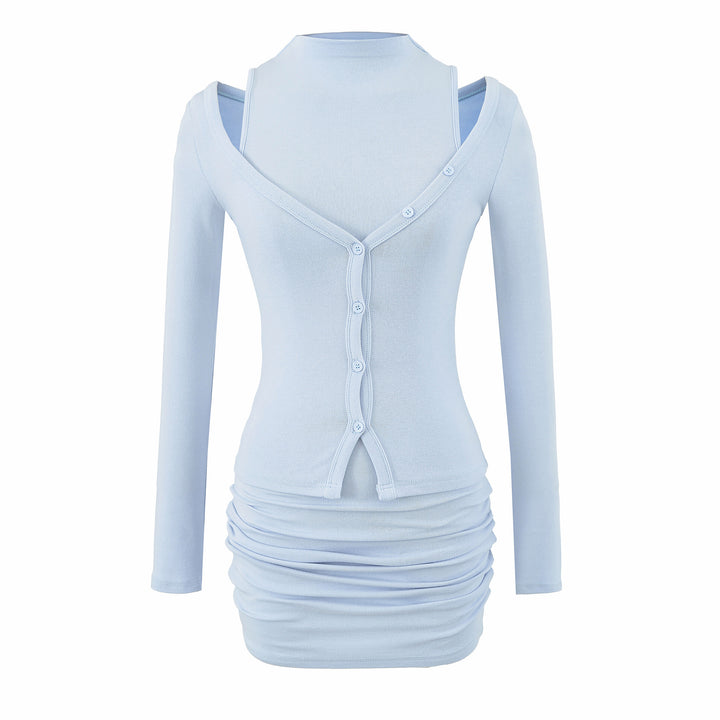 Ladies two-piece knit set with integrated high neck vest and asymmetric button cardigan Amarae