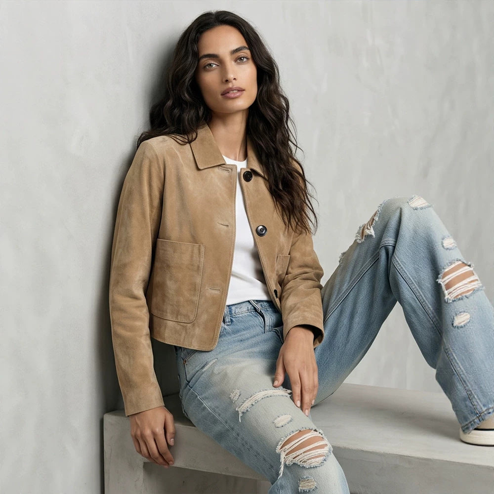 Women Short Suede Jacket in Clean-Cut with Patch Pockets Amarae