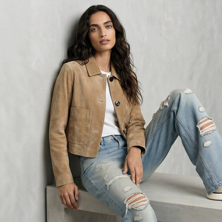 Women Short Suede Jacket in Clean-Cut with Patch Pockets Amarae