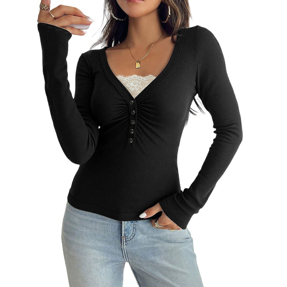 Chemise à manches longues pour femmes avec un décolleté en V à la mode et un design à boutons Chic & Stil