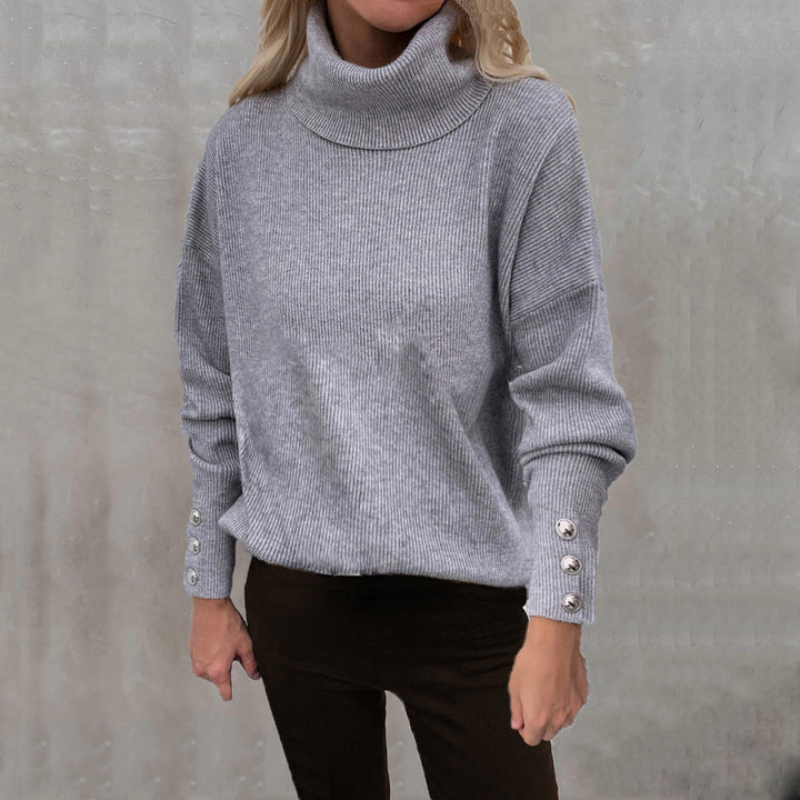 Women's turtleneck sweater with striped design and decorative buttons Lune London