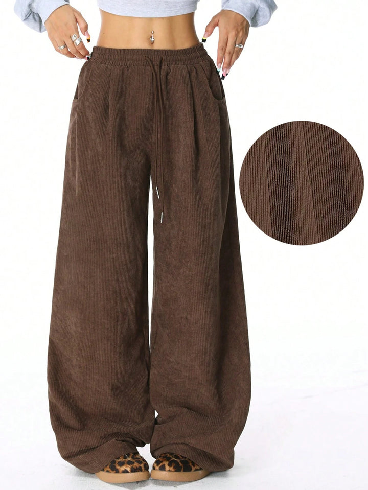 Women's Loose Cord Pants with Elastic Waistband, Drawstring, and Side Pockets Amarae