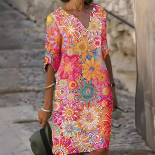 Women's casual leisure dress with floral patterns and V-neck