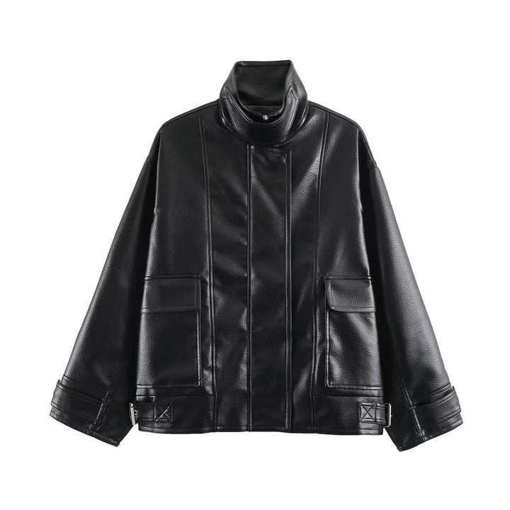 Women's Oversized Faux Leather Jacket with High Funnel Collar and Patch Pockets Amarae