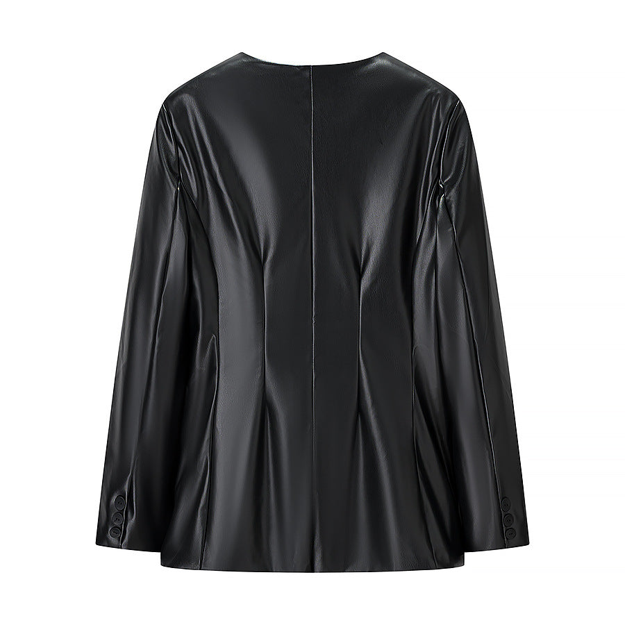 Women's Tailored Faux Leather Blazer with Single Button and Contoured Silhouette Amarae