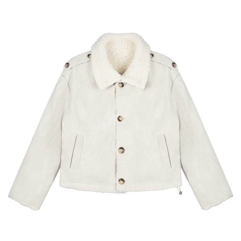Women Short-Cut Lambskin-Look Bomber Jacket with Teddy Lining and Notched Collar Amarae