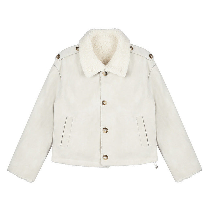 Women Short-Cut Lambskin-Look Bomber Jacket with Teddy Lining and Notched Collar Amarae