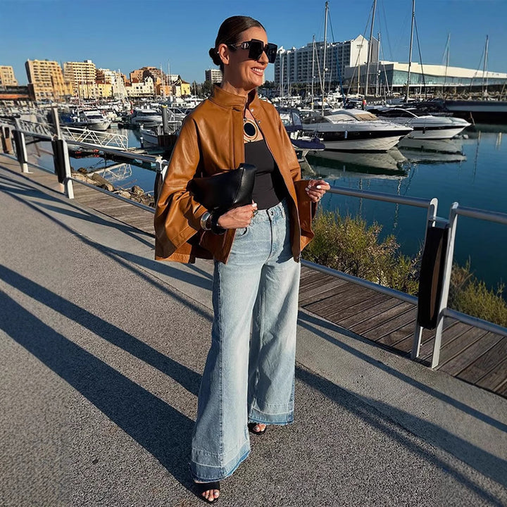Women's Cape Sleeve Leather Jacket with Stand-up Collar Amarae