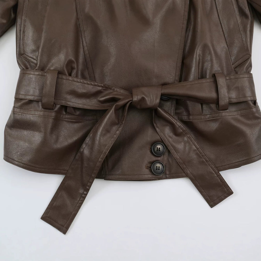 Women Tailored Leather Look Jacket with Asymmetrical Button Placket and Ties Belt Amarae