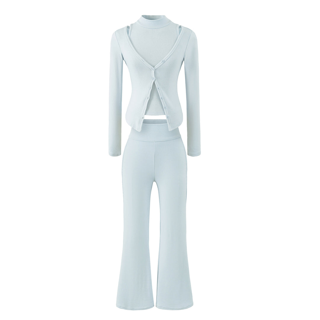 Women Figure-Hugging Layering Set with Turtleneck Long Sleeve and Asymmetrical Button Jacket and Flared High-Waist Pants Amarae