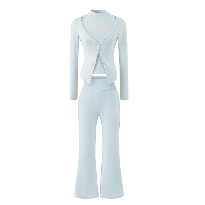 Women Figure-Hugging Layering Set with Turtleneck Long Sleeve and Asymmetrical Button Jacket and Flared High-Waist Pants Amarae