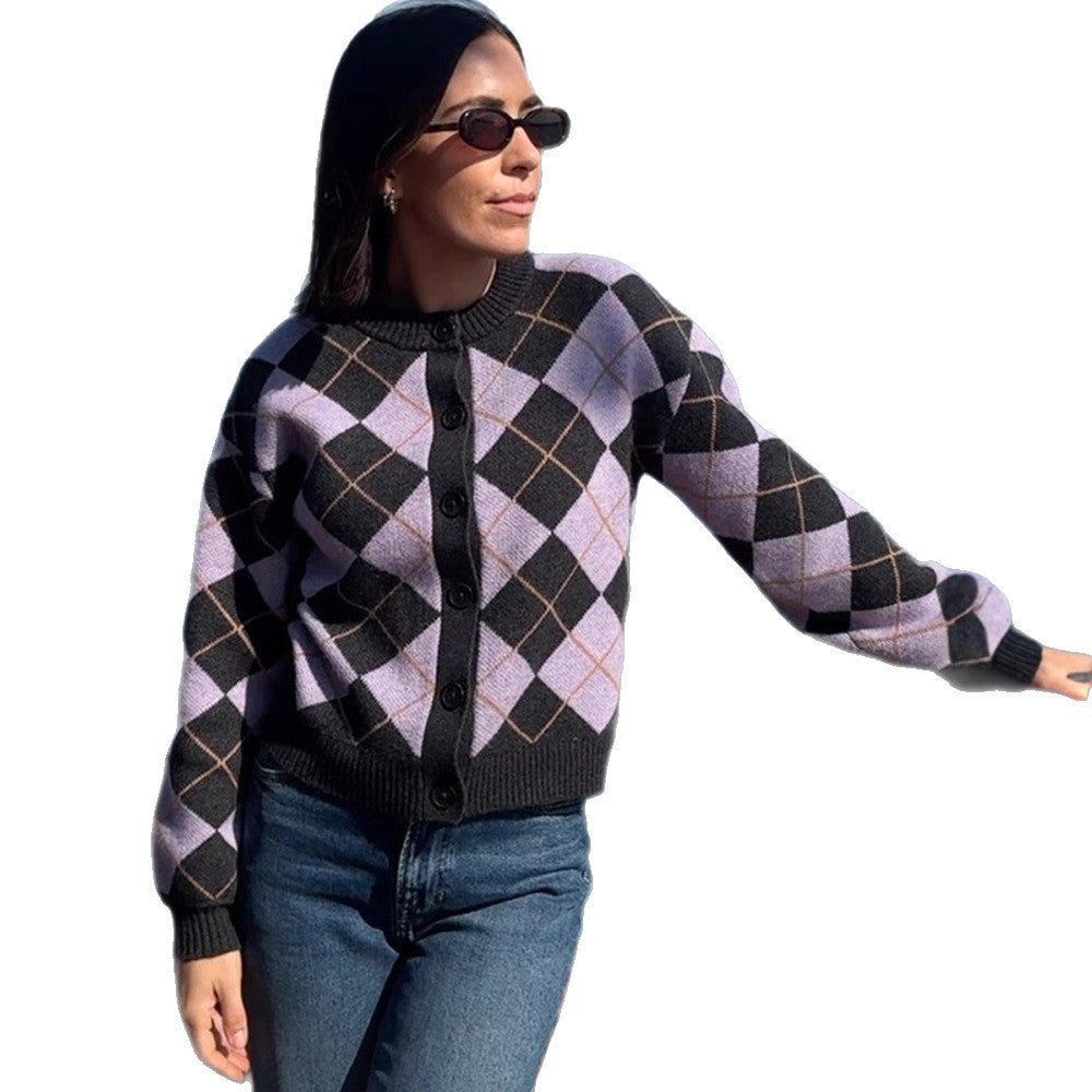 Ladies Argyle Cardigan with Boxy Silhouette and Large Button Placket Amarae
