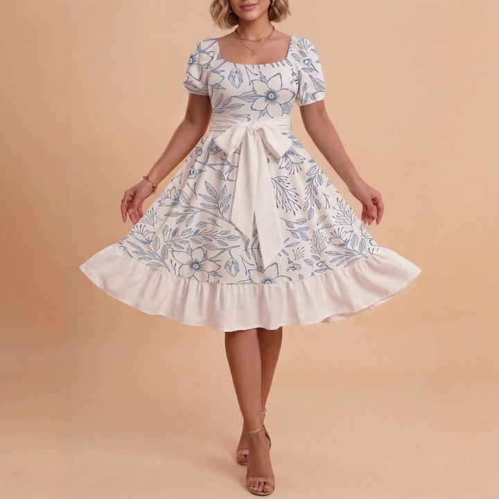 Women's Midi Dress with Elegant Floral Print and Fitted Belt Lune London
