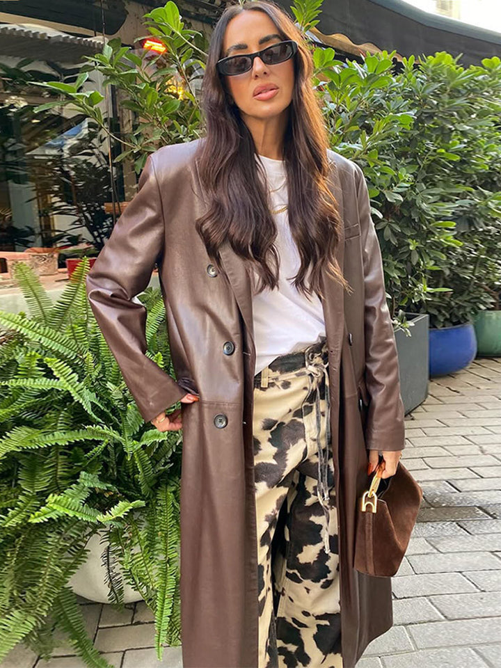 Women's long faux leather coat with double-breasted button placket and oversize fit Amarae