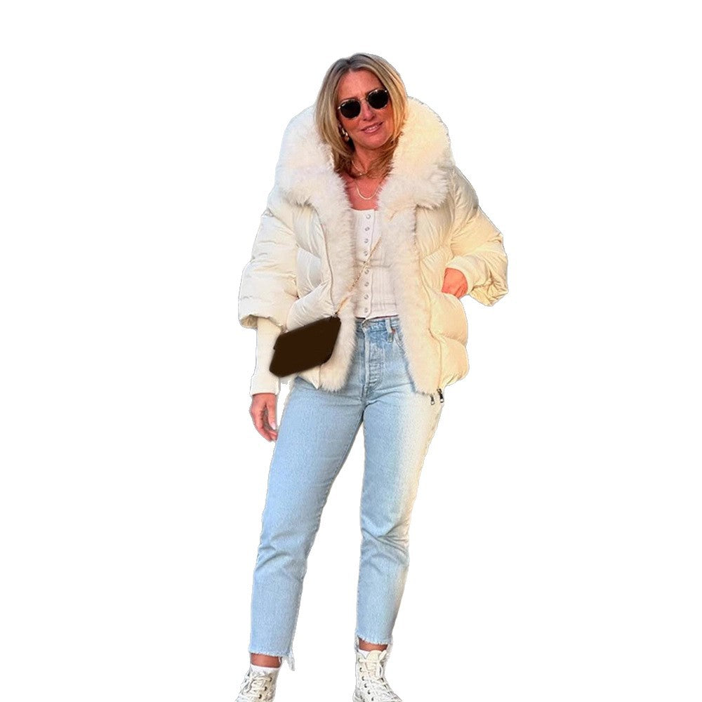 Women's Short Quilted Down Jacket with Voluminous Faux Fur Shawl Collar and Tailored Cut Amarae