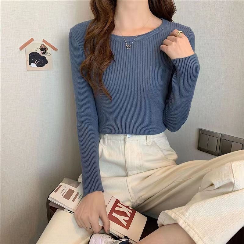 Pull en tricot côtelé ajusté pour femmes avec col rond