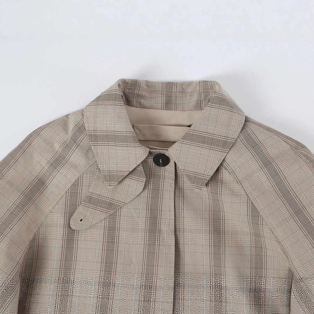 Women's Mid-Length Check Coat with Concealed Button Placket and Raglan Sleeves Amarae