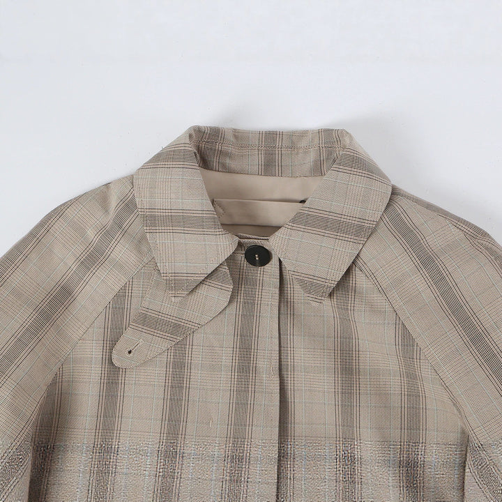 Women's Mid-Length Check Coat with Concealed Button Placket and Raglan Sleeves Amarae