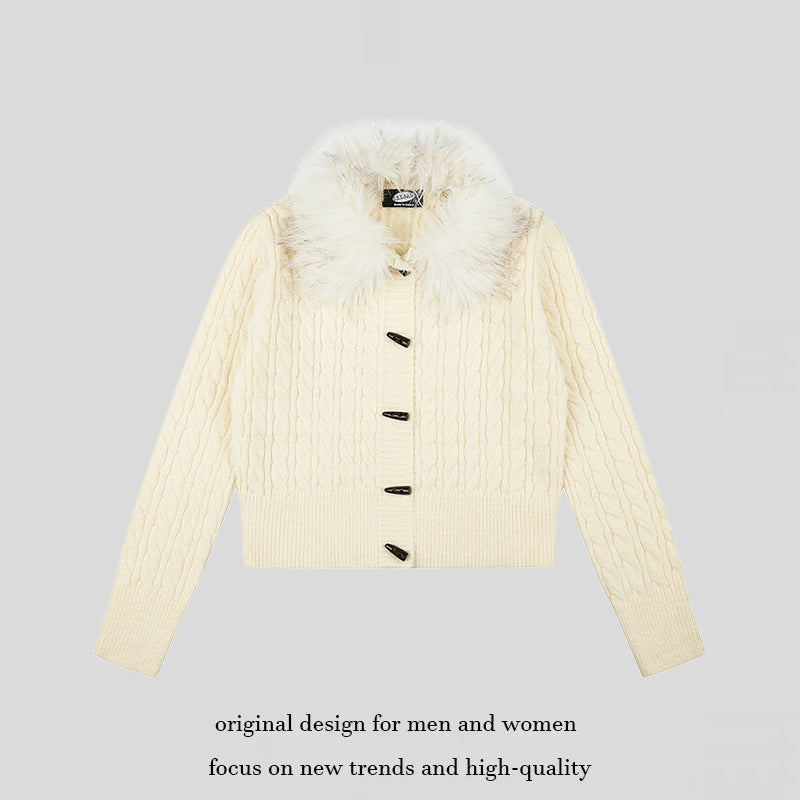 Women's Short Cable Knit Cardigan with Removable Faux Fur Collar and Toggle Button Closure Amarae