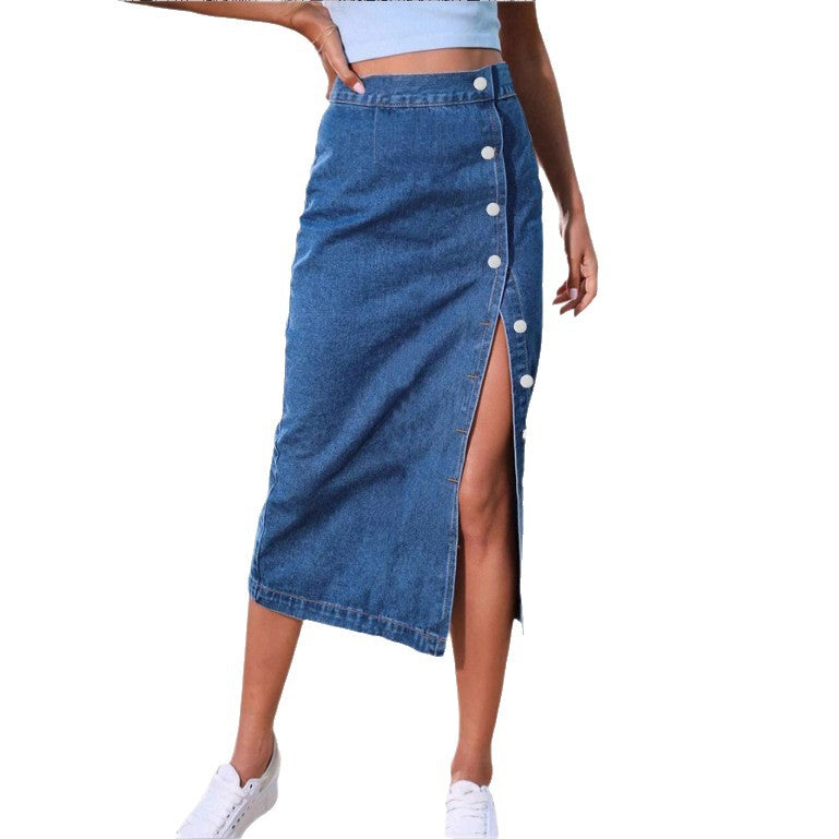 Ladies jeans midi skirt with side button placket and high thigh slit Amarae