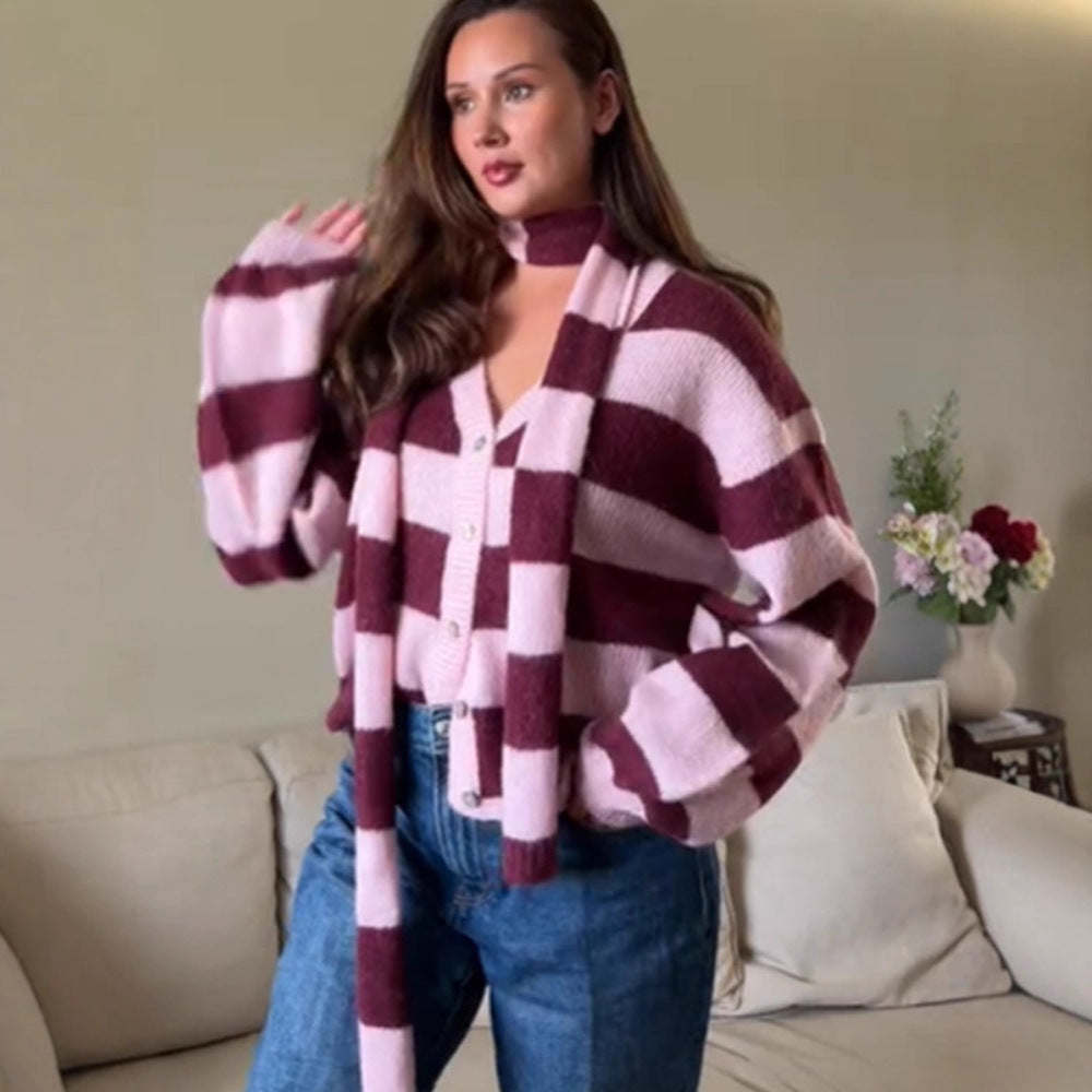 Women's Oversized Knit Cardigan Set with Block Stripes, Button Placket and Matching Scarf Amarae