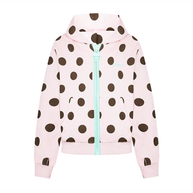 Women's cropped hooded zip jacket with large polka dot pattern and decorative zipper Amarae