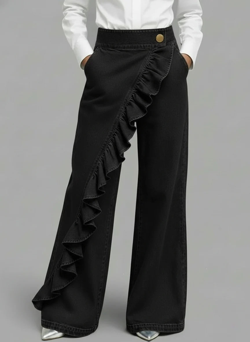 Women's Wide Jeans Pants with Ruffle Detail Chic & Stil