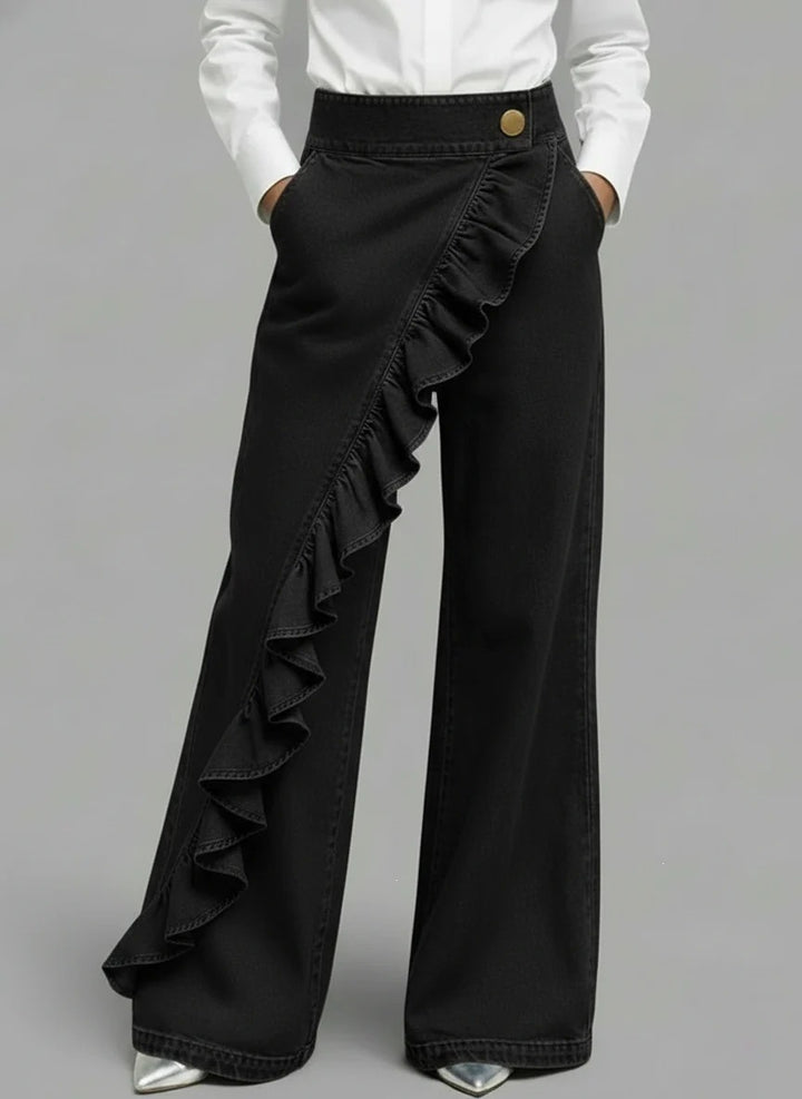 Women's Wide Jeans Pants with Ruffle Detail Chic & Stil