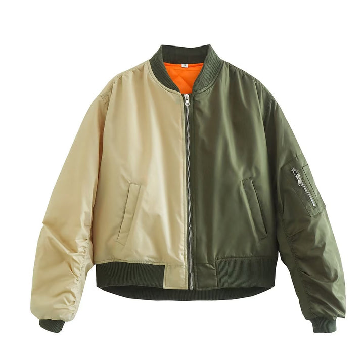 Trendy women's bomber jacket with a playful patchwork design and practical zip pockets Lune London