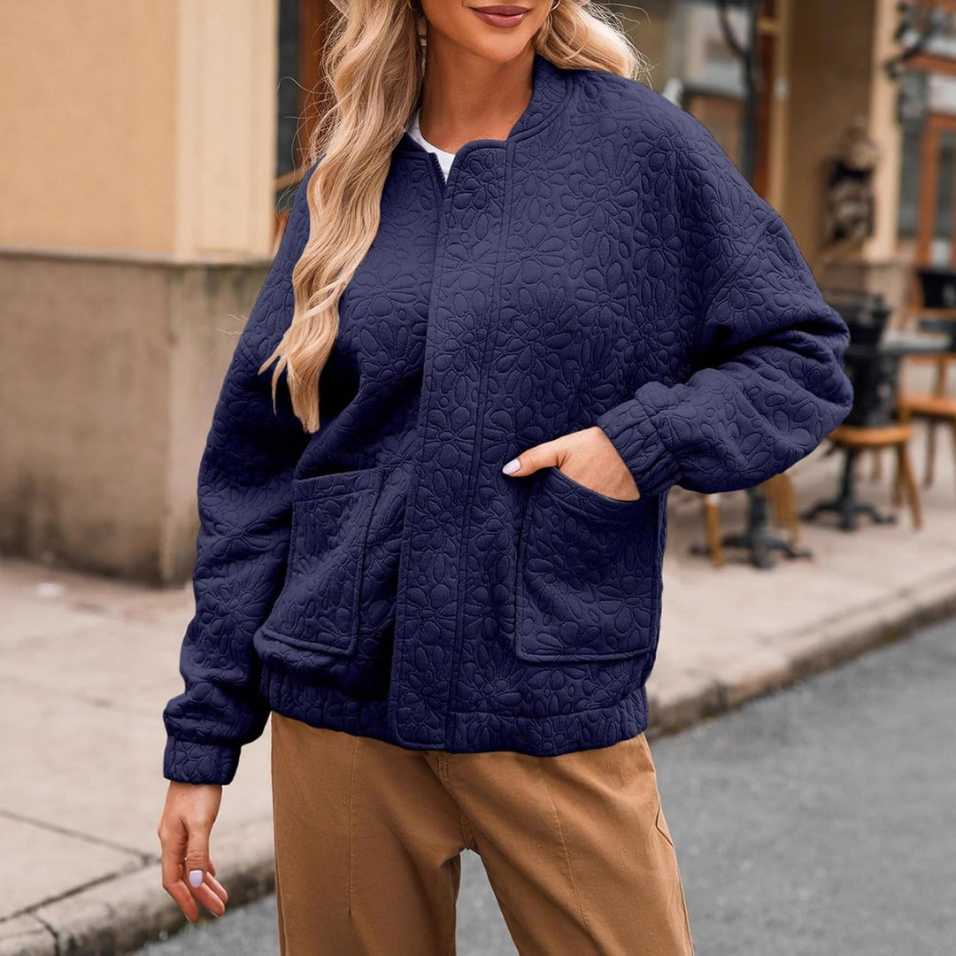 Quilted bomber jacket for women with floral design and practical pockets Lune London