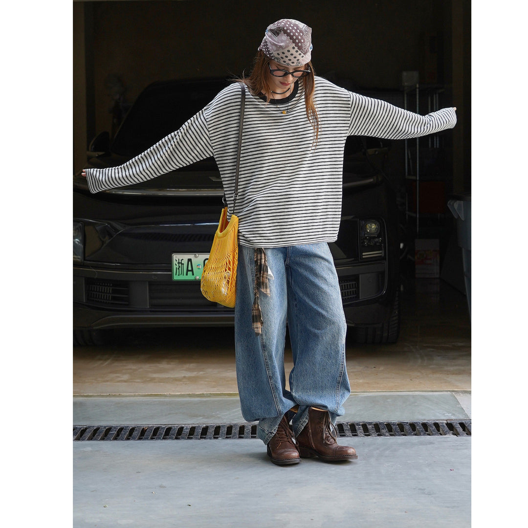 Women's Maritime Lightweight Knit Long Sleeve in Oversized Cut with Fine Striped Structure