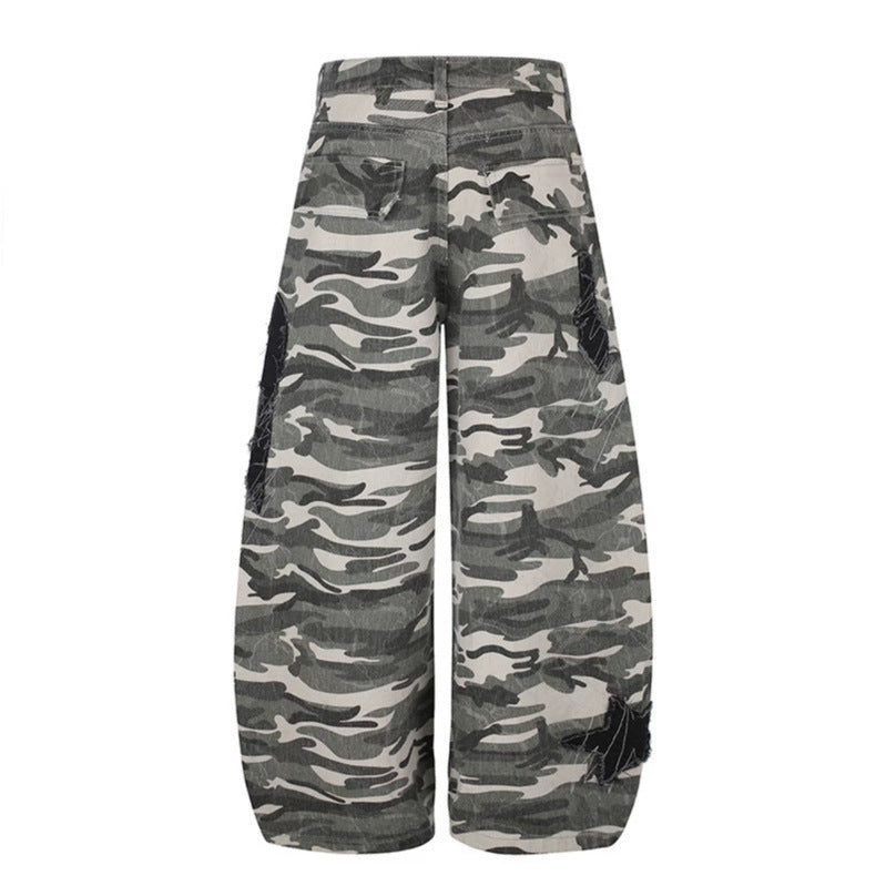 Women's Wide Camouflage Palazzo Pants with Balloon Hem and Decorative Stitch Details Amarae