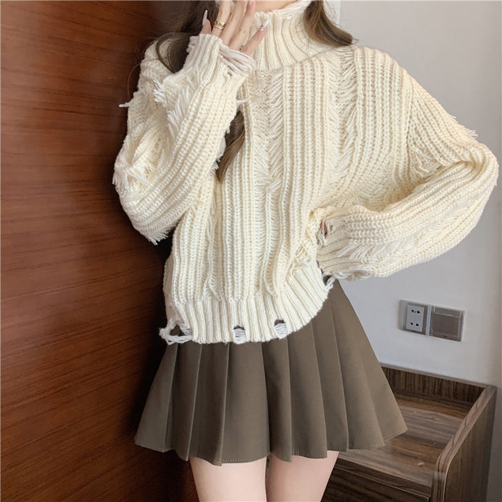 Pull en tricot épais pour femme avec col montant et éléments de design à franges Chic & Stil