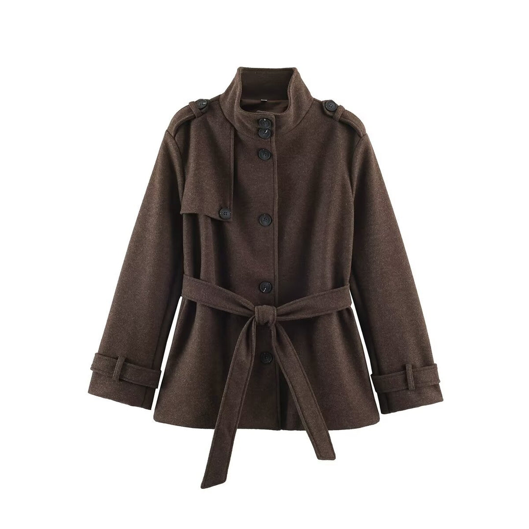 Women’s short trench coat made of wool blend with stand-up collar, epaulettes, and tie belt Amarae