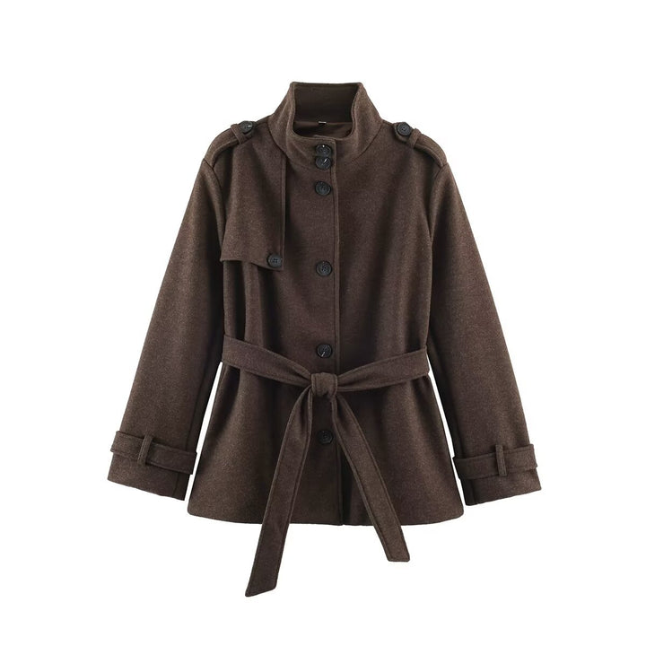Women’s short trench coat made of wool blend with stand-up collar, epaulettes, and tie belt Amarae