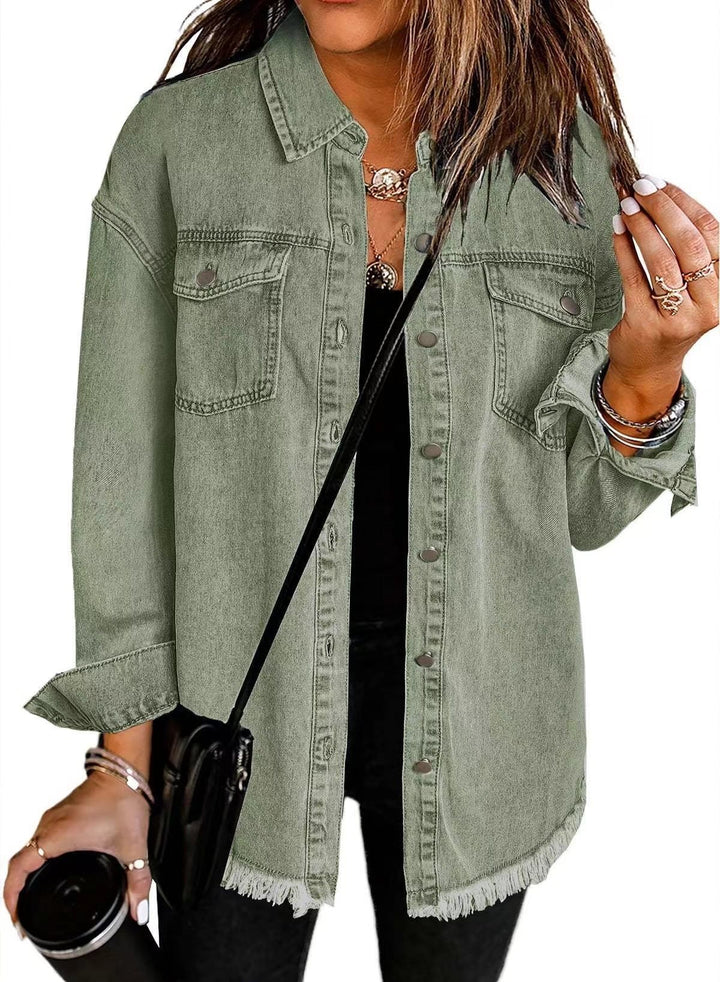Casual denim jacket for women with frayed hems and patch pockets Lune London
